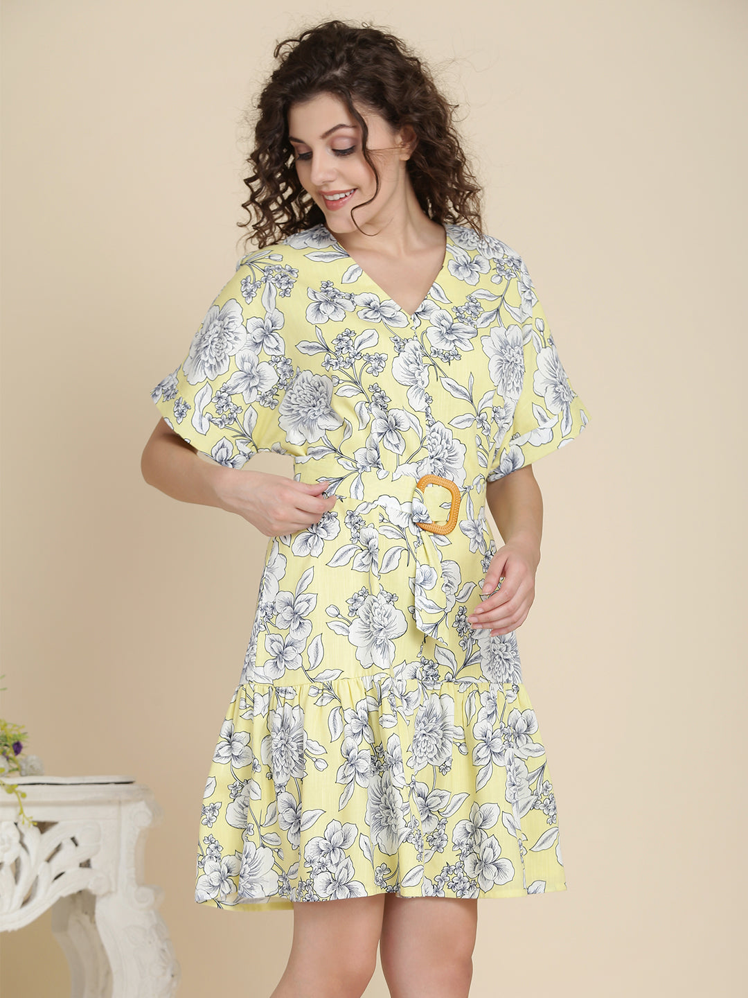 Bohobi Women Yellow Floral Print Dress with Belt  Color: Yellow Fabric: Cotton Lining: Cotton Lining Pattern: Floral Print Fit: Comfort Fit Length: Above Knee Length Detail: Waist Belt Neck: V Neck Care: Gentle Machine Wash